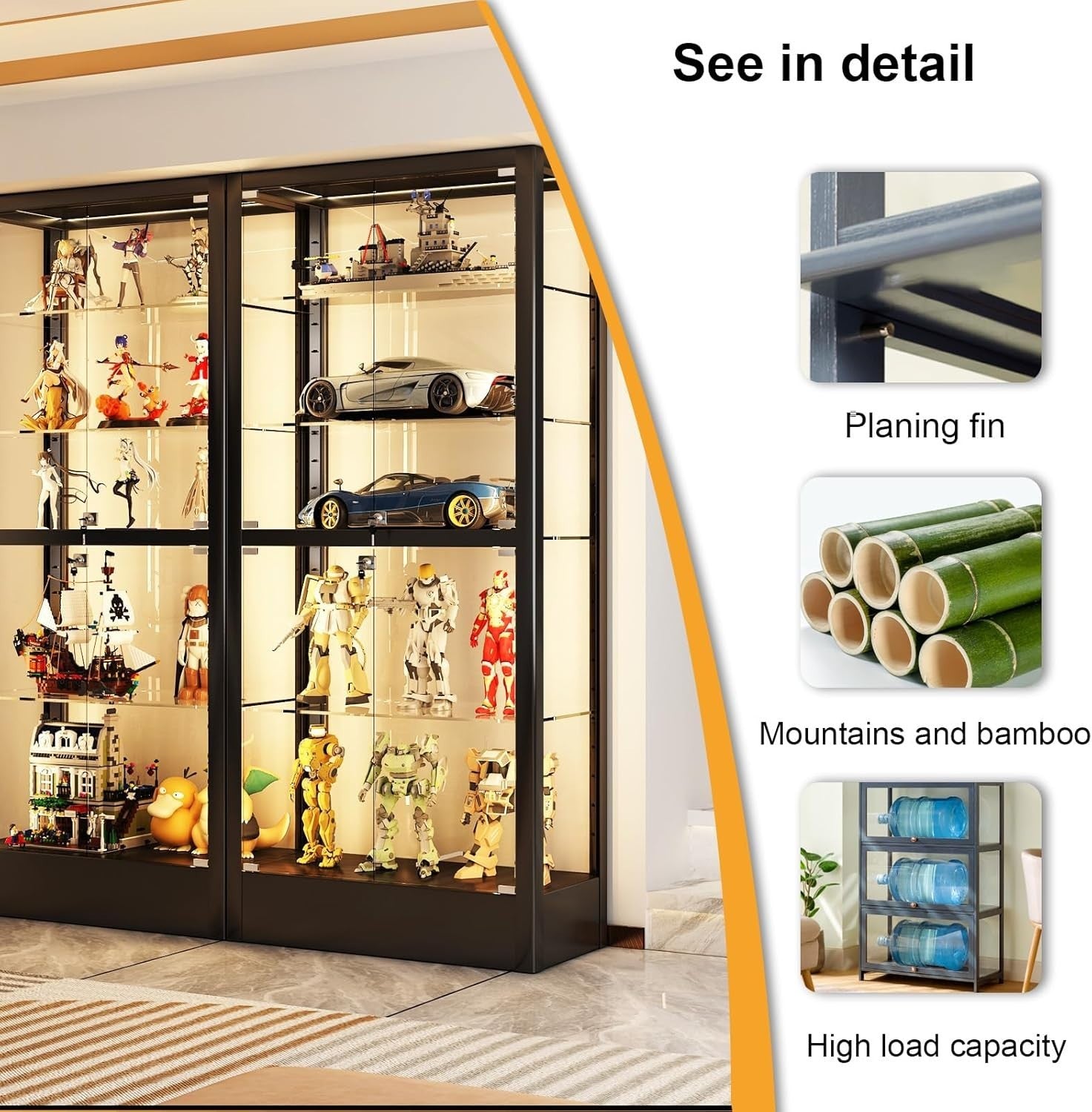 Glass Display Cabinet with Shelves, Lockable Wood Unit for Collectibles