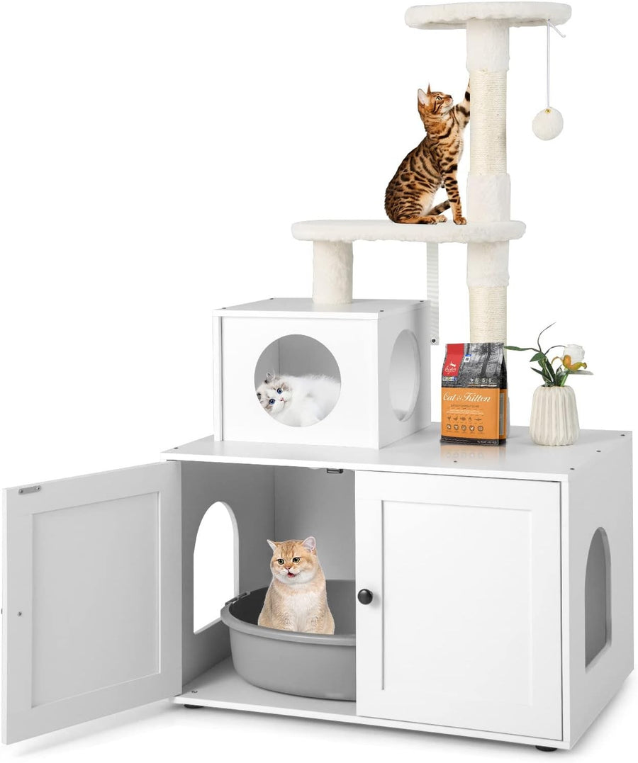 Hidden Cat Litter Box Furniture With Cat Tree Scratching Post Condo Indoor