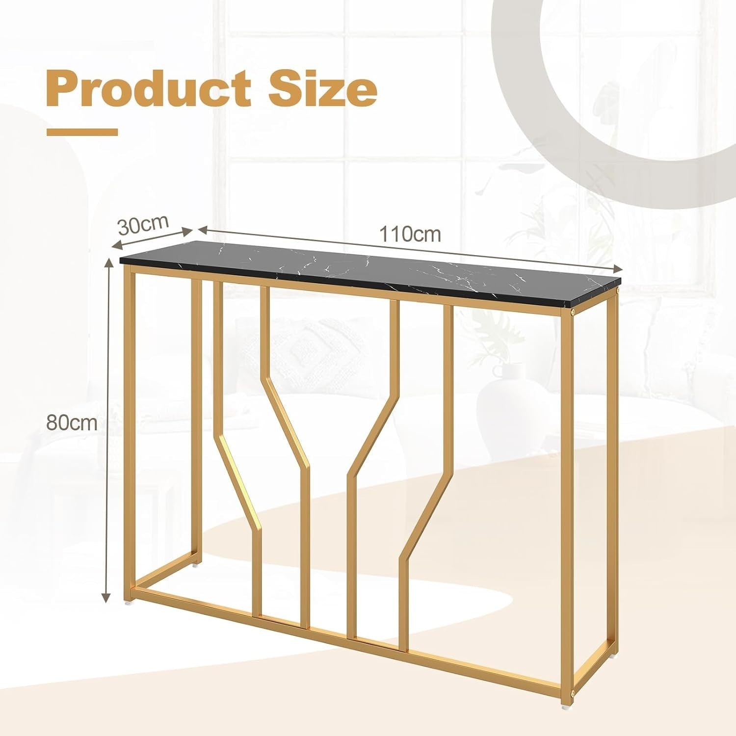 Slim Console Table Faux Marble Top Metal Frame Entryway Hallway Accent 110cm