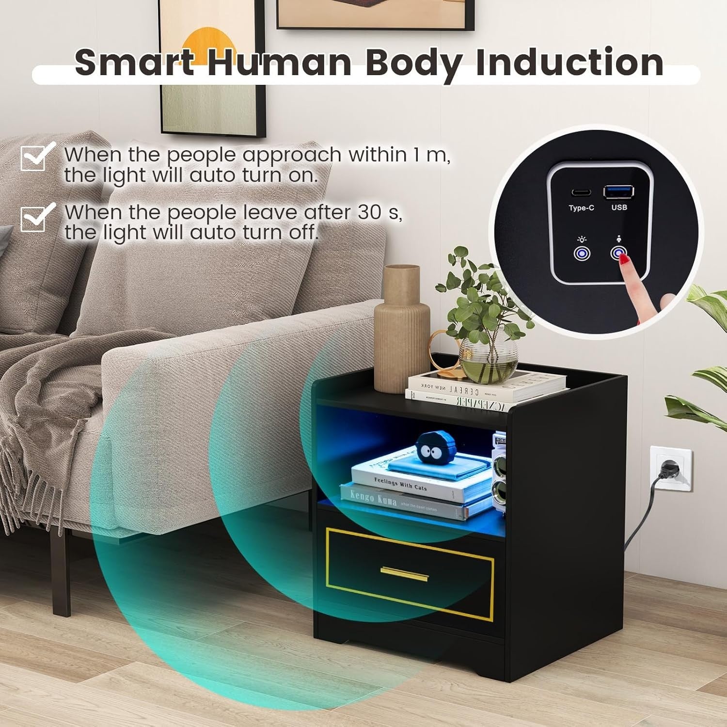 Set of 2 Black LED Bedside Tables with USB Charging & Drawer | Smart Nightstands