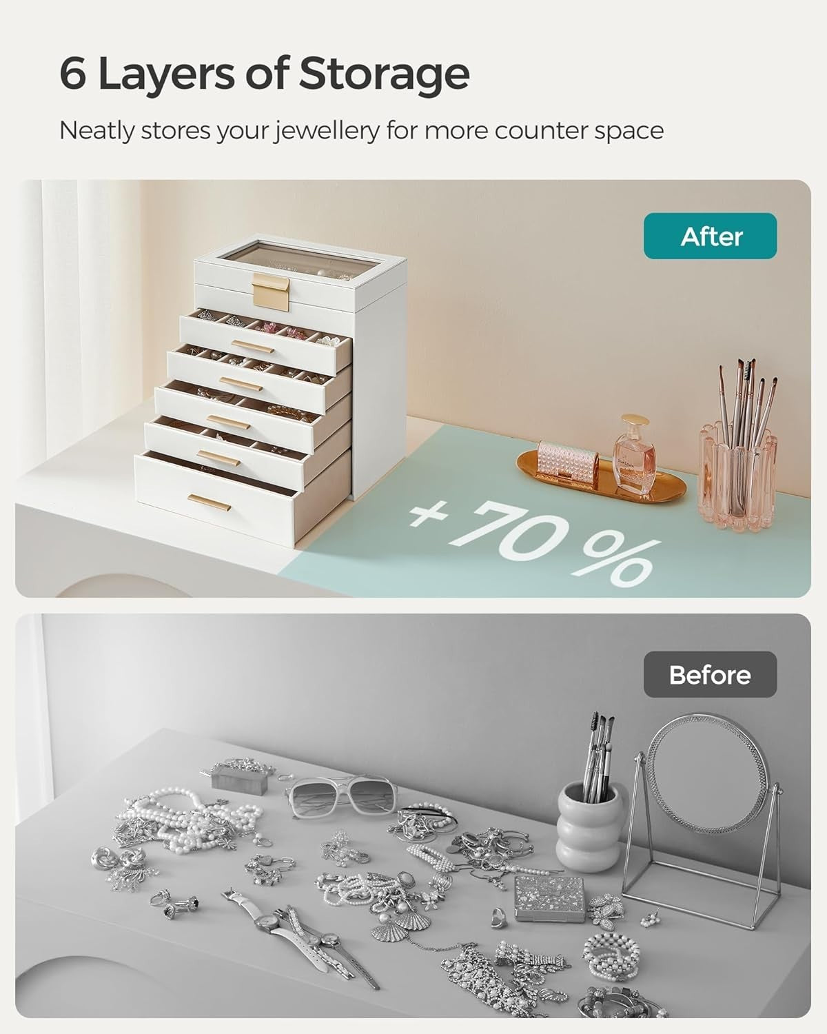 Cloud White Gold Glass Lid Jewellery Box 6 Layer Storage with 5 Drawers