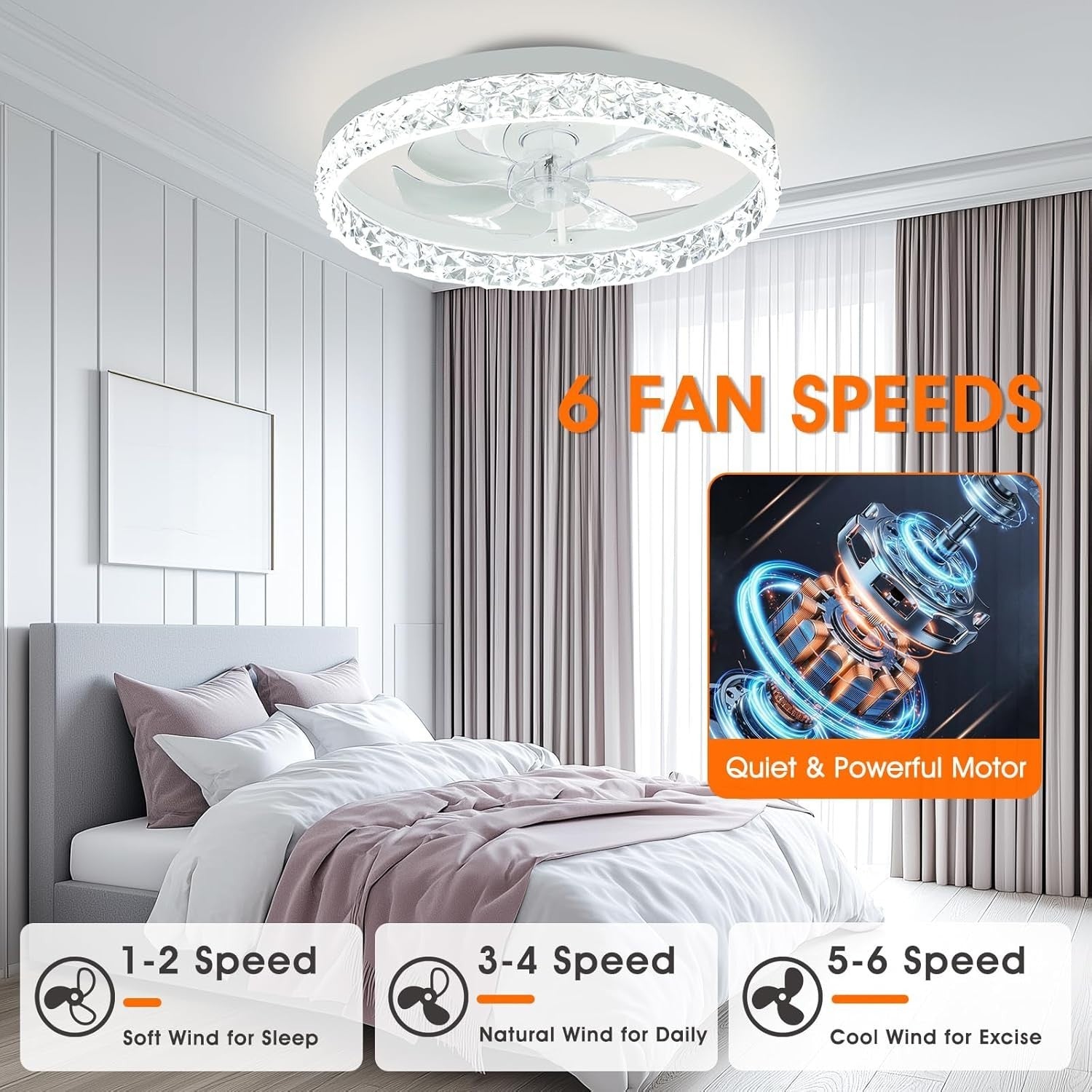 20'' Ceiling Fan Light, Remote & App Control, 6 Speeds, Dimmable, CCT Change