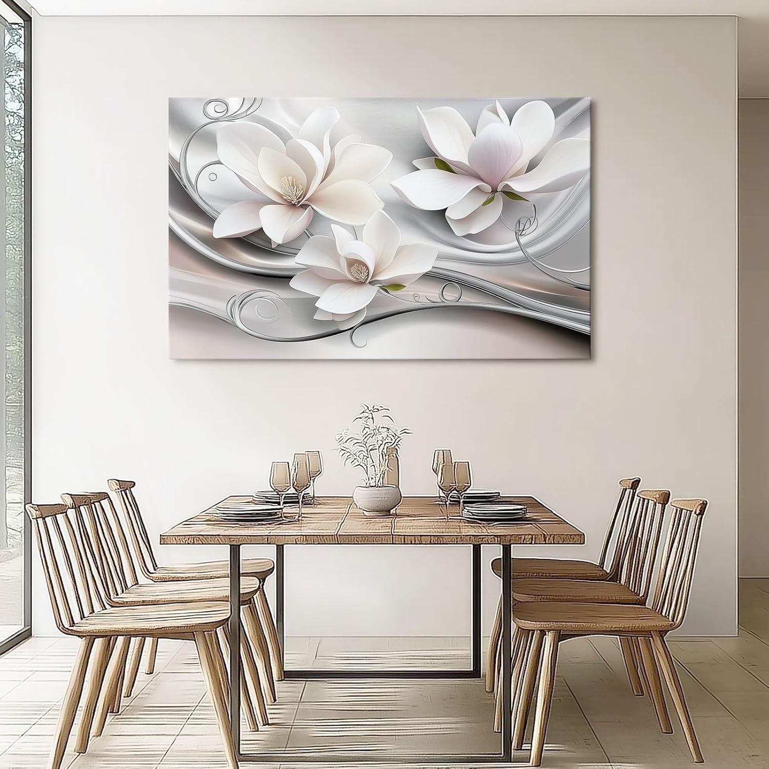 Large White Magnolia Canvas Wall Art 76x51cm Modern Grey Decor