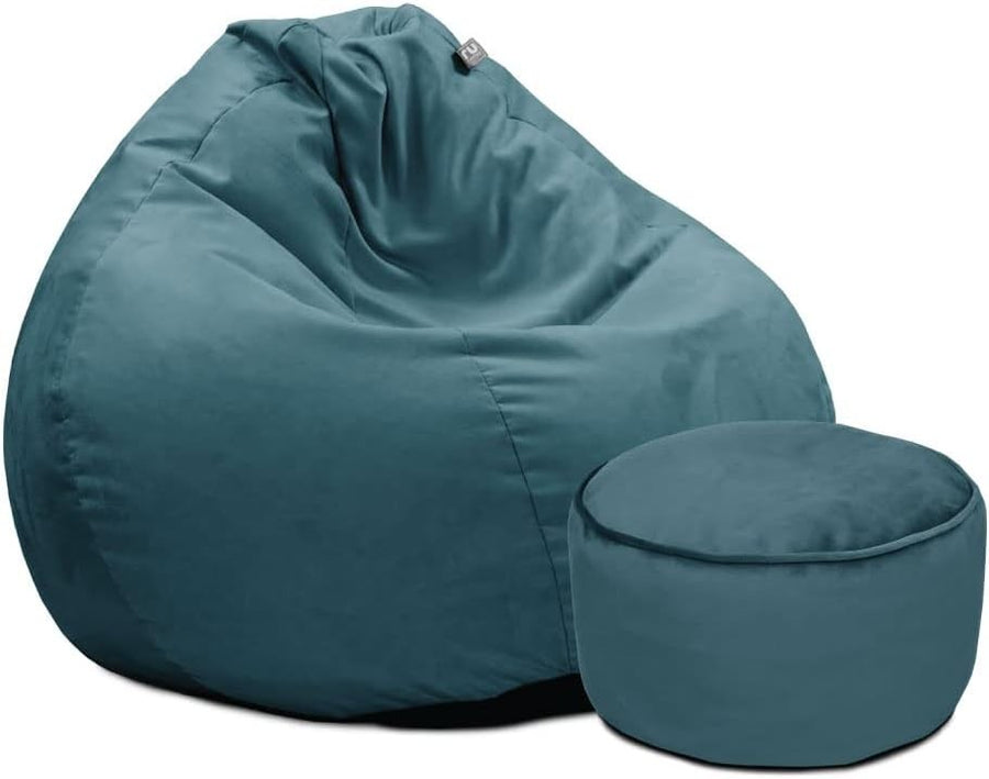 Teal Velvet Bean Bag Chair + Footstool – XL Lounge Sofa for Adults