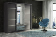 Modern Grey Sliding Door Wardrobe with Mirror & 8 Drawers – Large Storage