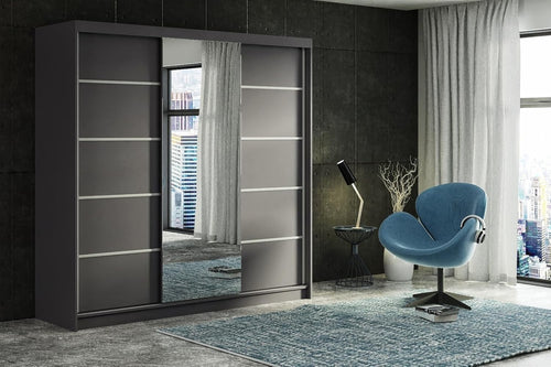 Modern Grey Sliding Door Wardrobe with Mirror & 8 Drawers – Large Storage