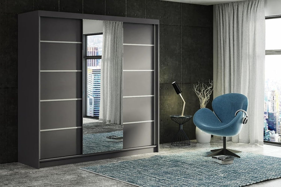 Modern Grey Sliding Door Wardrobe with Mirror & 8 Drawers – Large Storage