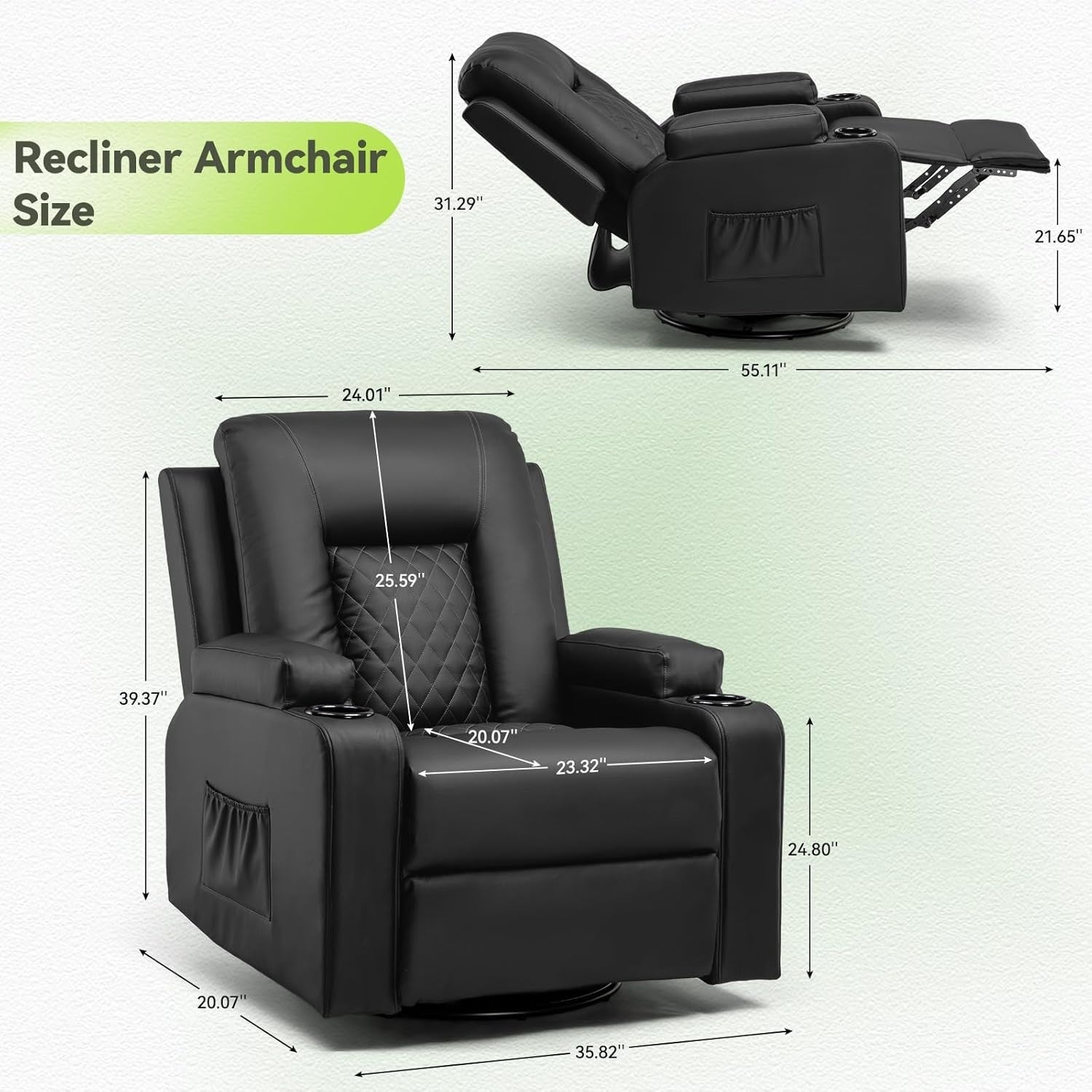 Recliner Chair PU Leather Swivel Rocker with Cup Holders & Side Pockets