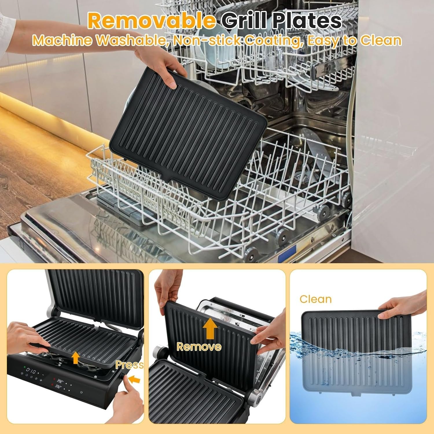 3-in-1 Panini Press Grill LED Touch Non-Stick Glass Top Adjustable