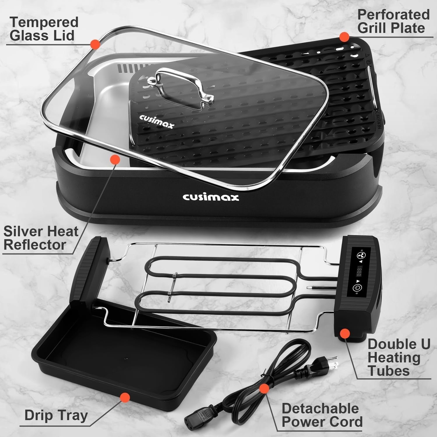Electric Smokeless Indoor Grill Non-Stick Removable Plate with Glass Lid 1500W