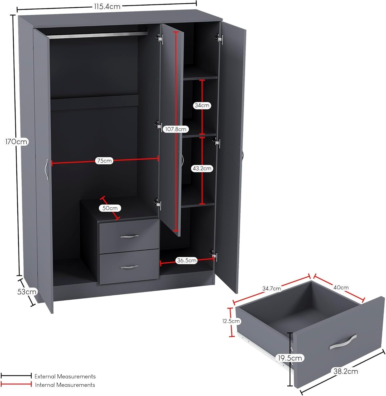 Grey 3 Door Mirrored Wardrobe with Hanging Rail & Drawers, Bedroom Storage