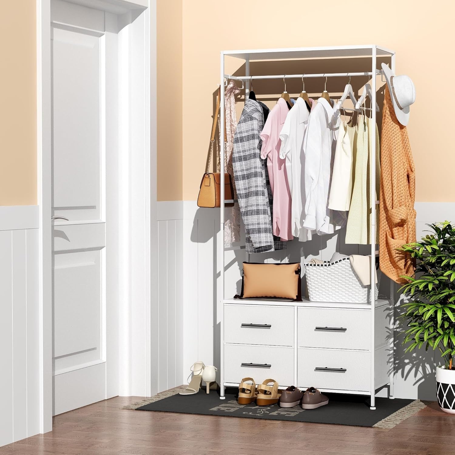 Open Wardrobe Clothes Rail with 4 Drawers & Hooks White
