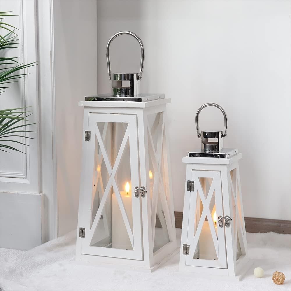 Set of 2 White Wooden Lanterns Rustic Candle Holders