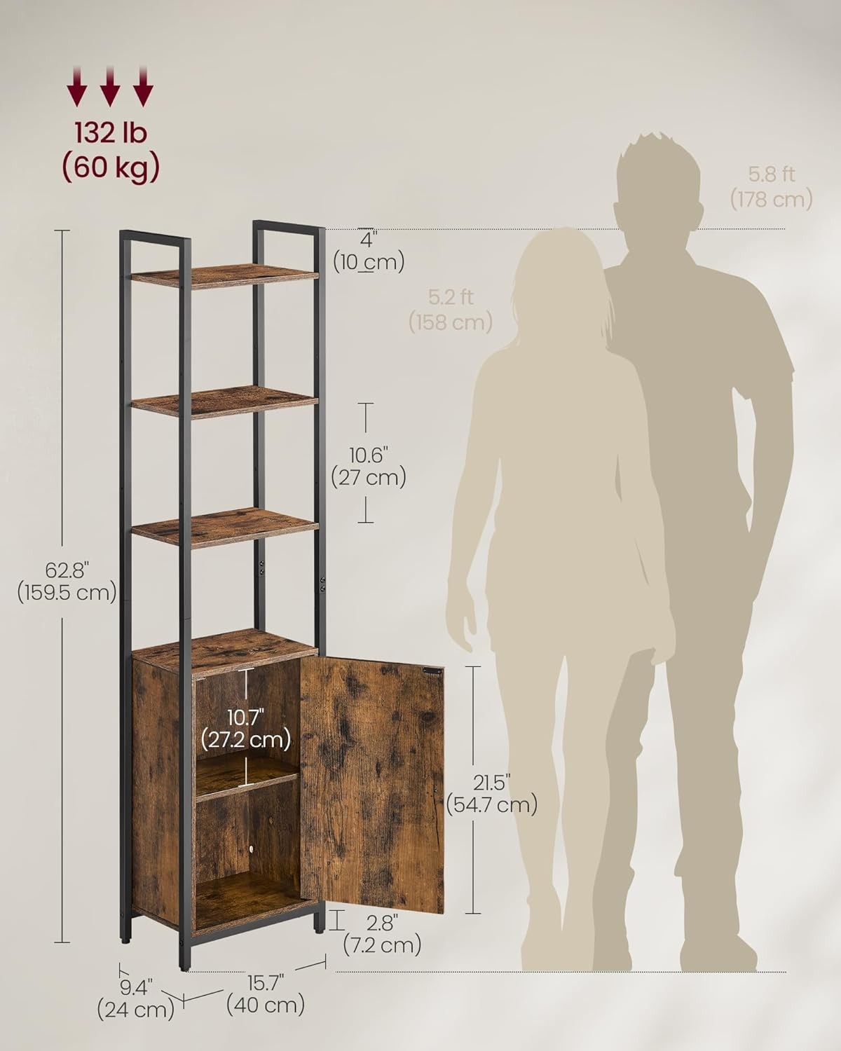 6-Tier Industrial Tall Bookcase with Cabinet, Metal Frame Adjustable Shelves