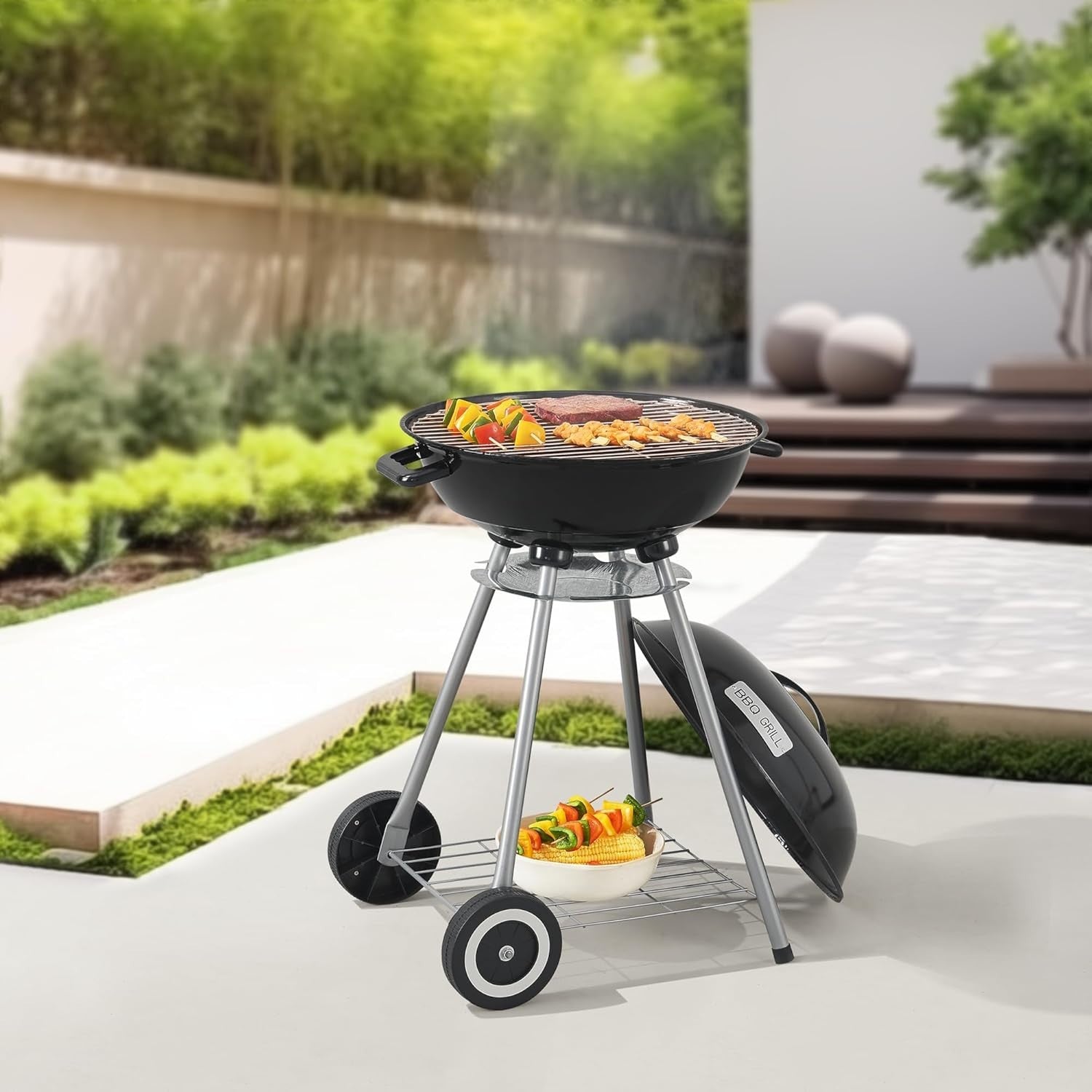 Outdoor Charcoal BBQ Kettle Grill 80x49x47cm with Lid Wheels Garden Patio
