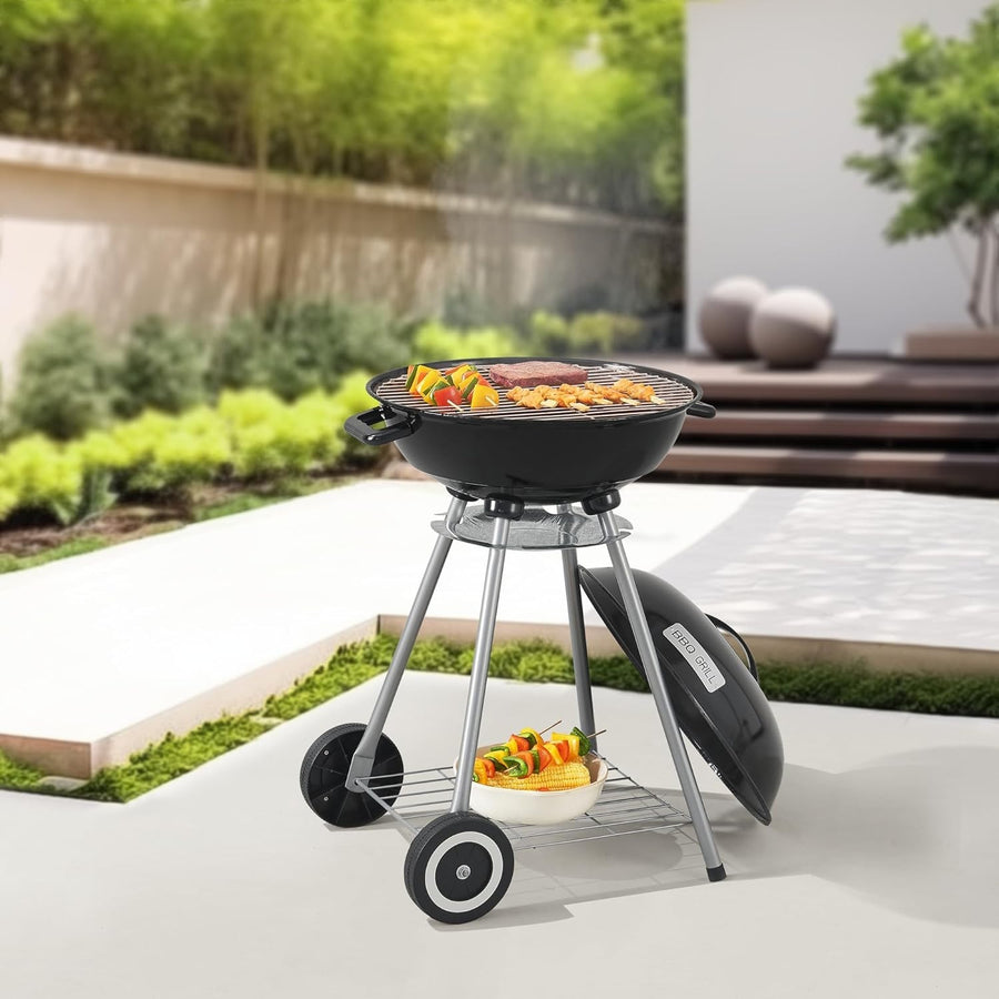 Outdoor Charcoal BBQ Kettle Grill 80x49x47cm with Lid Wheels Garden Patio