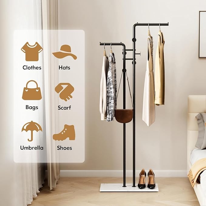 Black Metal Coat Rack with Marble Base 170cm Tall Clothes Organizer Stand