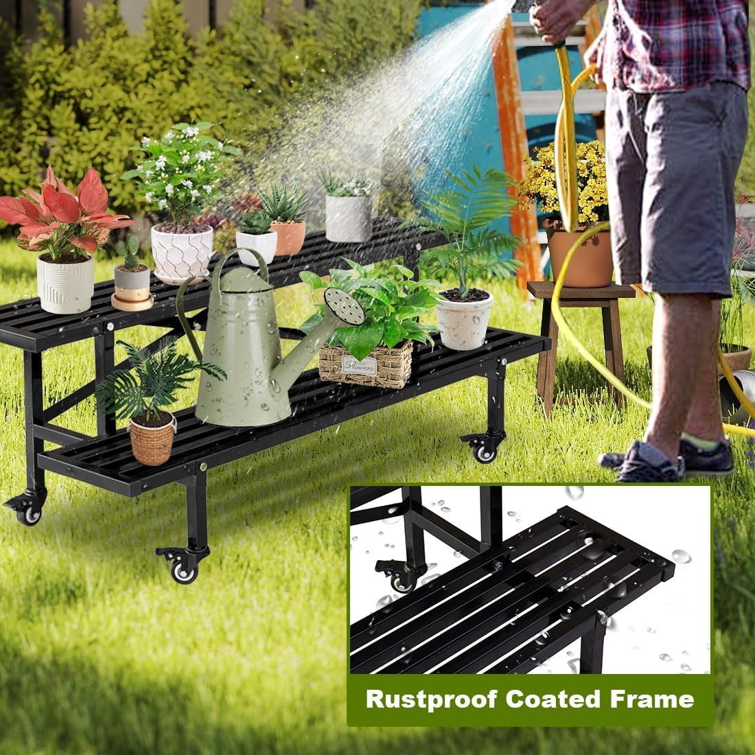 2 Tier Metal Plant Stand with Wheels | Indoor Outdoor Rolling Flower Shelf Rack