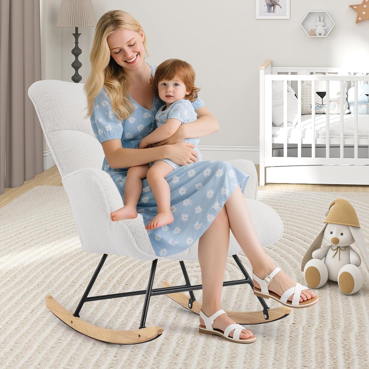 Teddy Rocking Chair for Nursery Glider Armchair Comfy Tufted Back White