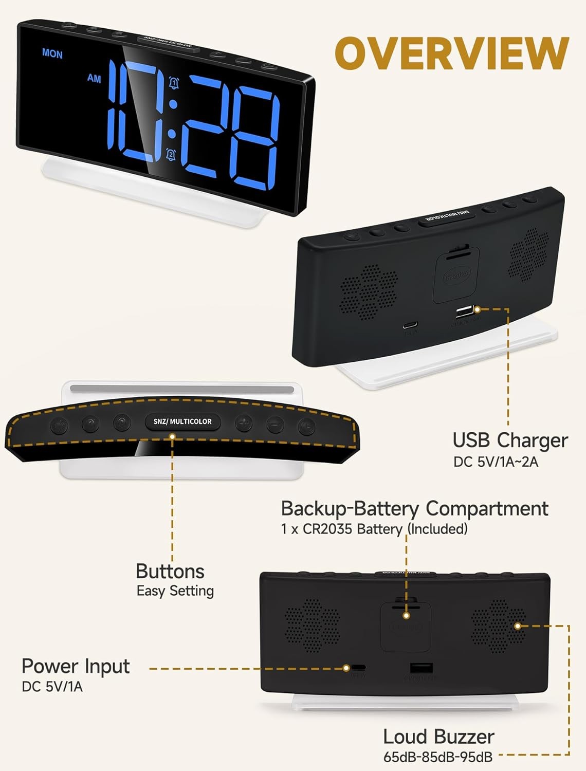 Extra Loud Alarm Clock Large LED Display RGB Night Light Heavy Sleepers