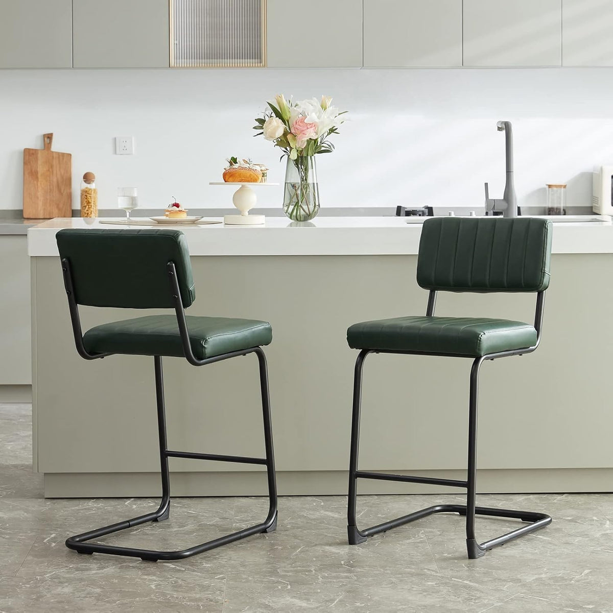 Modern Bar Stools 2pcs Green/Black Faux Leather Counter Kitchen Chairs