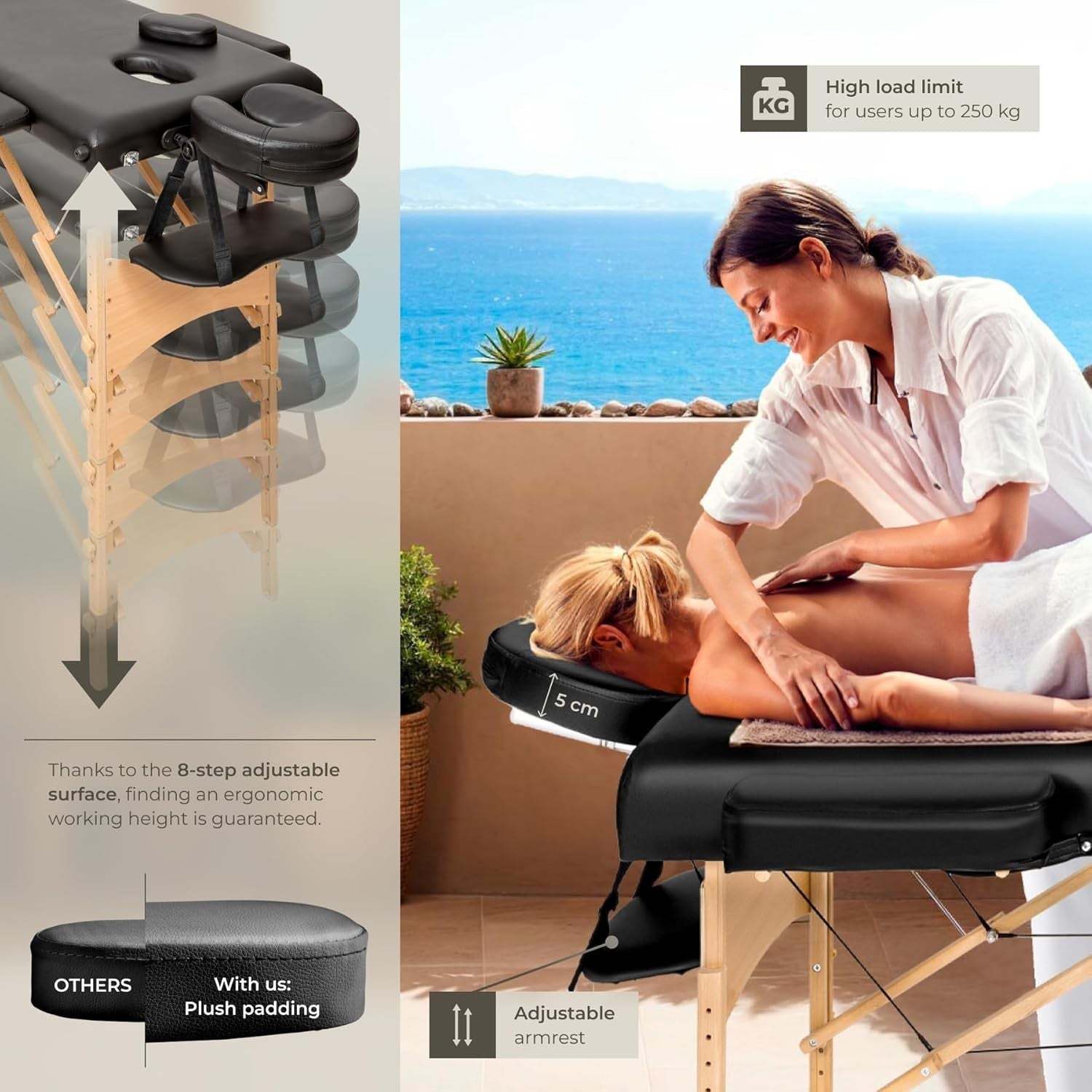 Portable Massage Table Foldable Beauty Therapy Bed 61cm Adjustable Black