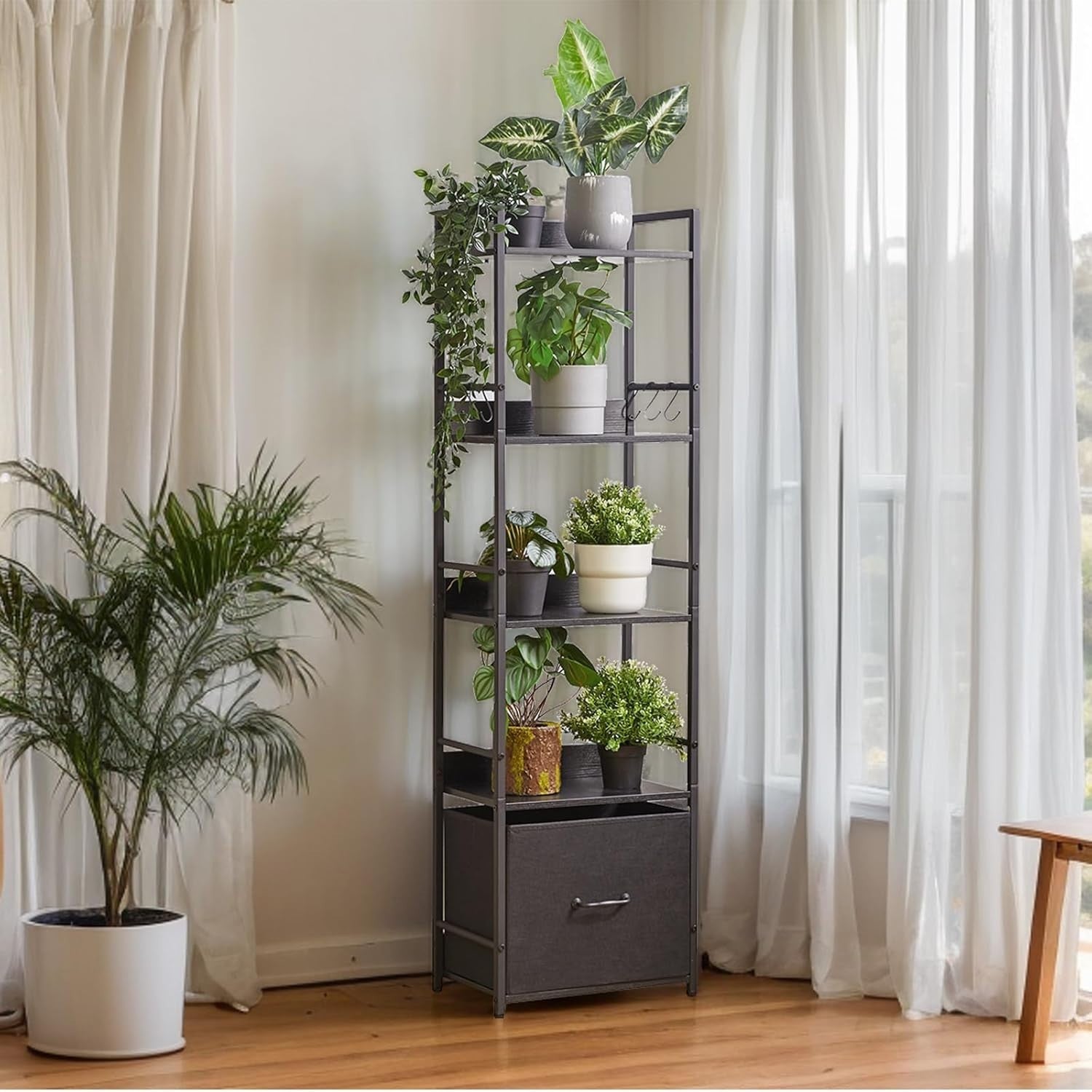 5 Tier Ladder Shelf with Fabric Drawer Industrial Metal Frame Bookcase Black