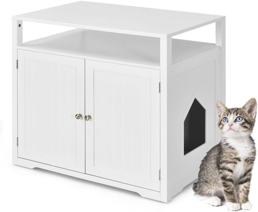 Modern Cat Litter Box Enclosure with 2 Holes, Doors & Side Table