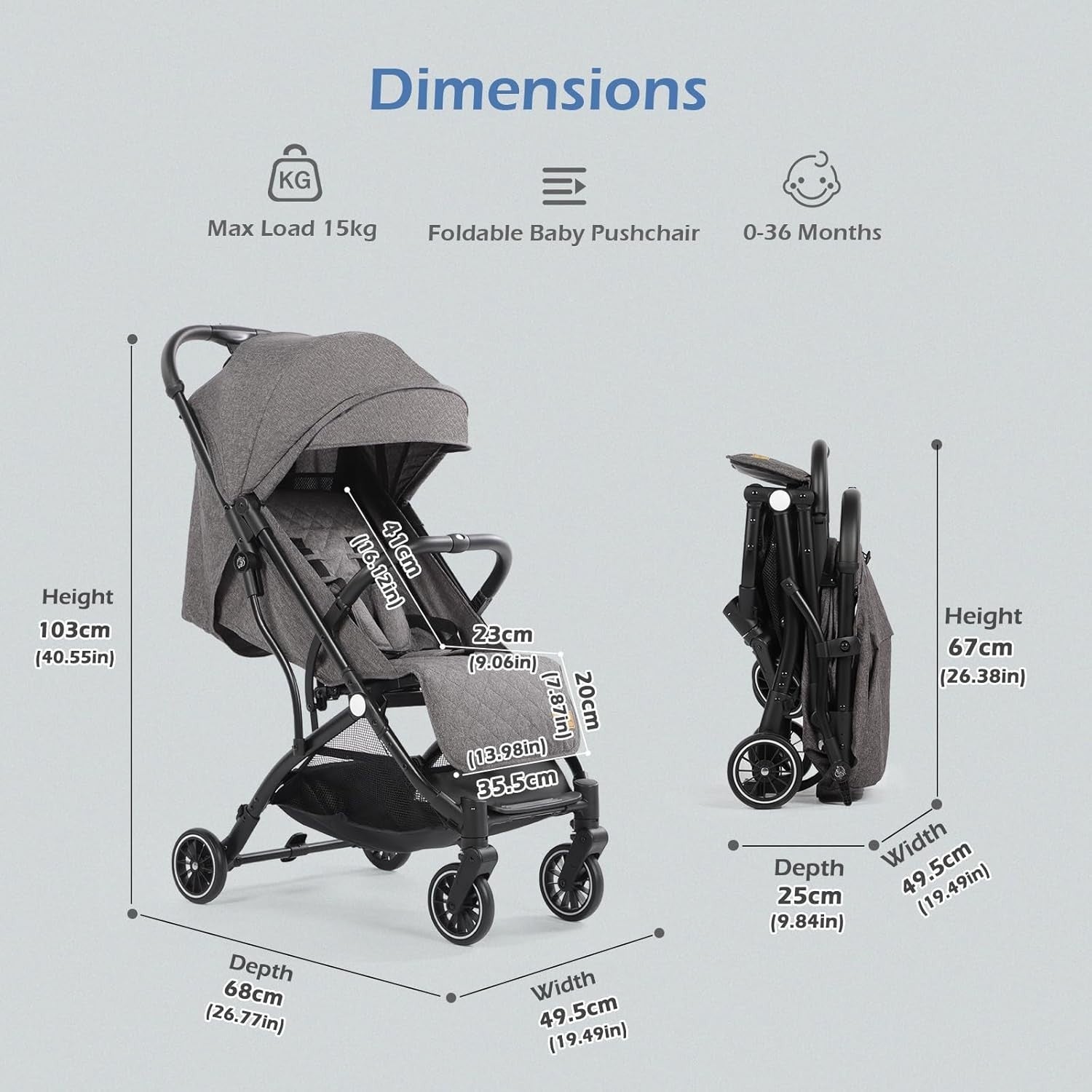 Lightweight Baby Stroller One-Hand Fold Compact Travel Buggy 0–15kg