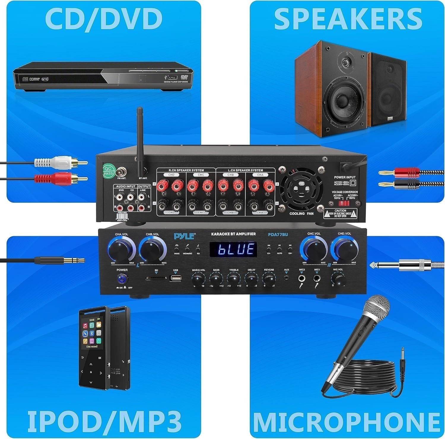 Bluetooth 800W 4 Channel Stereo Amplifier 5.1 FM Karaoke RCA