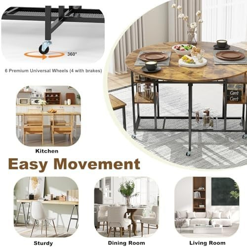 3-Piece Folding Dining Table Set with Stools & Storage Wheels