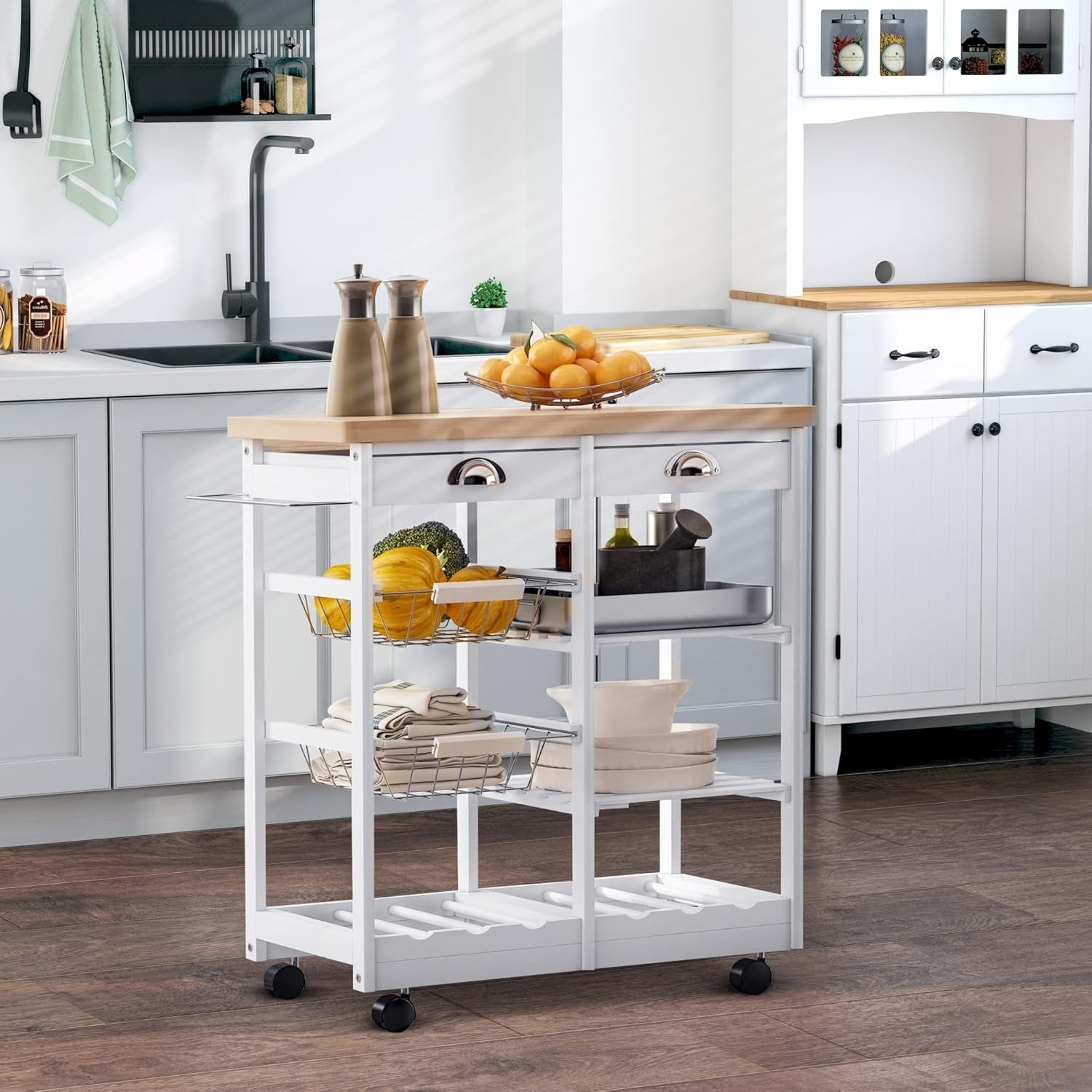 Kitchen Trolley on Wheels Storage Cart Drawer Wine Rack Shelves Wooden Top