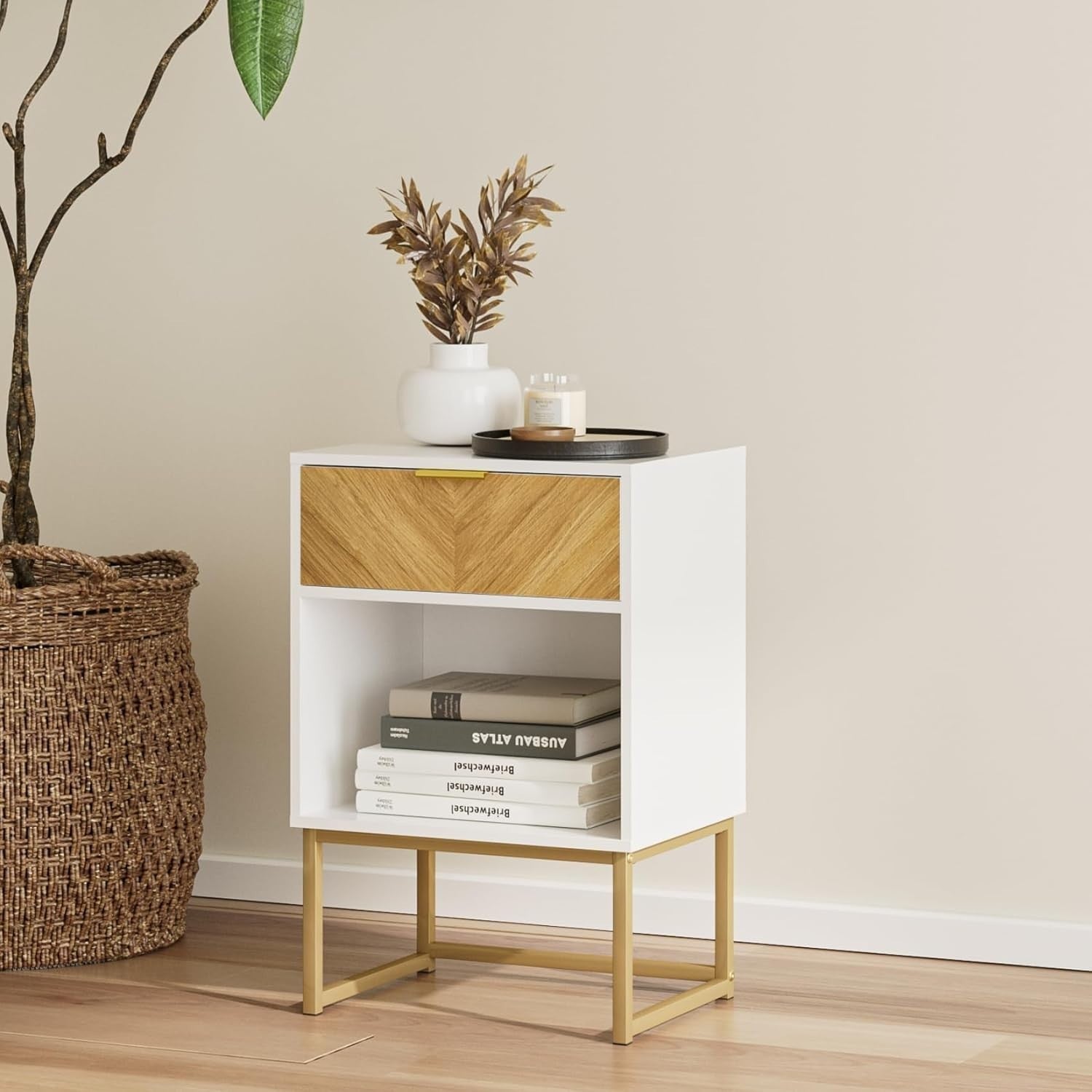 Modern White Bedside Table with Drawer & Shelf – 40x40x65cm Wooden Nightstand