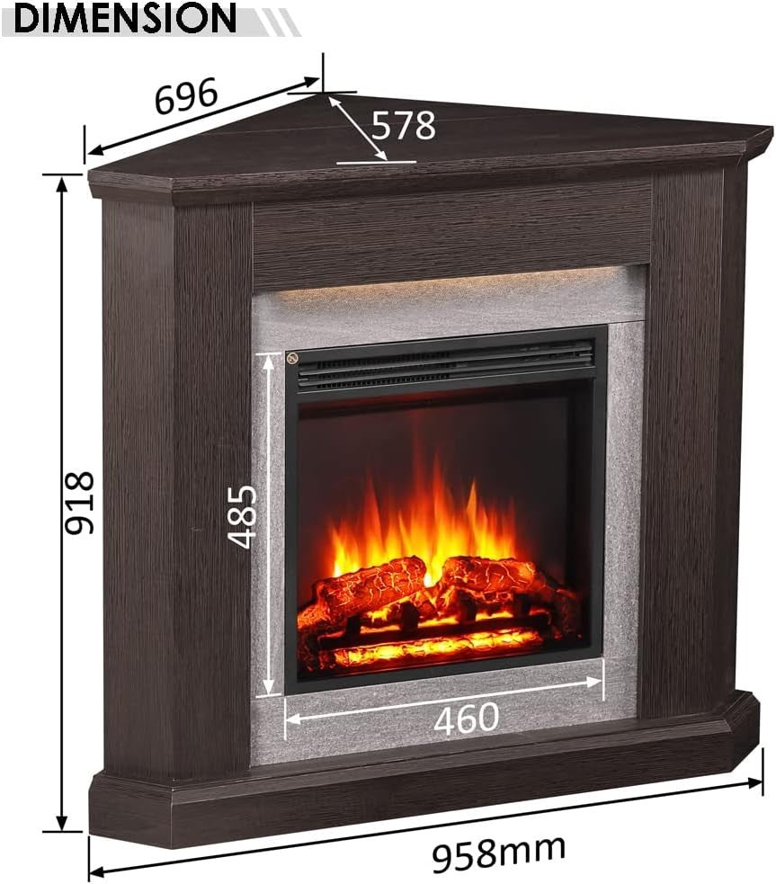 Corner Electric Fireplace 38" Espresso Oak 2kW LED Glass Heater Suite