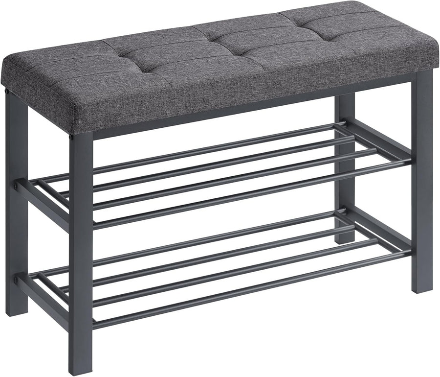 3 Tier Shoe Rack Bench 81cm Padded Seat Metal Frame Grey Black Entryway Storage