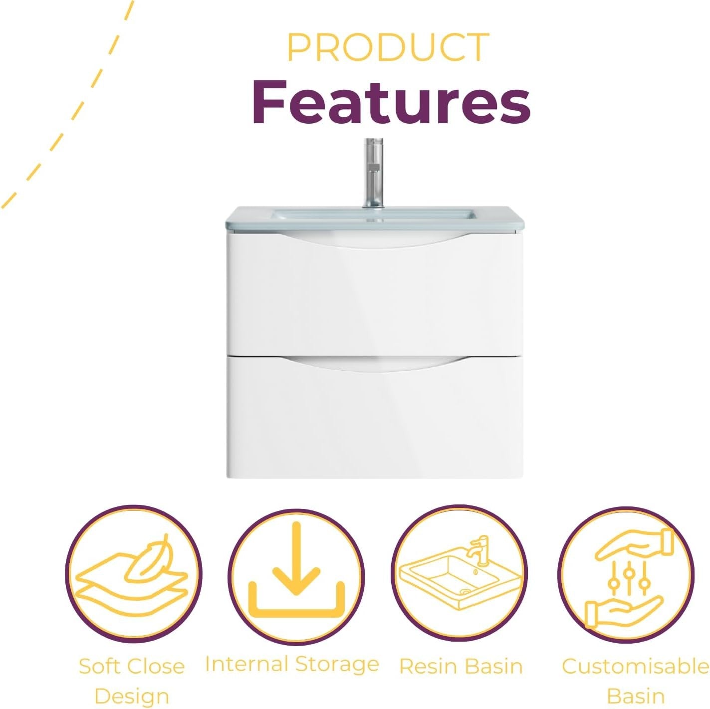 600mm Wall Hung Vanity Unit White Gloss with White Glass Basin Bathroom