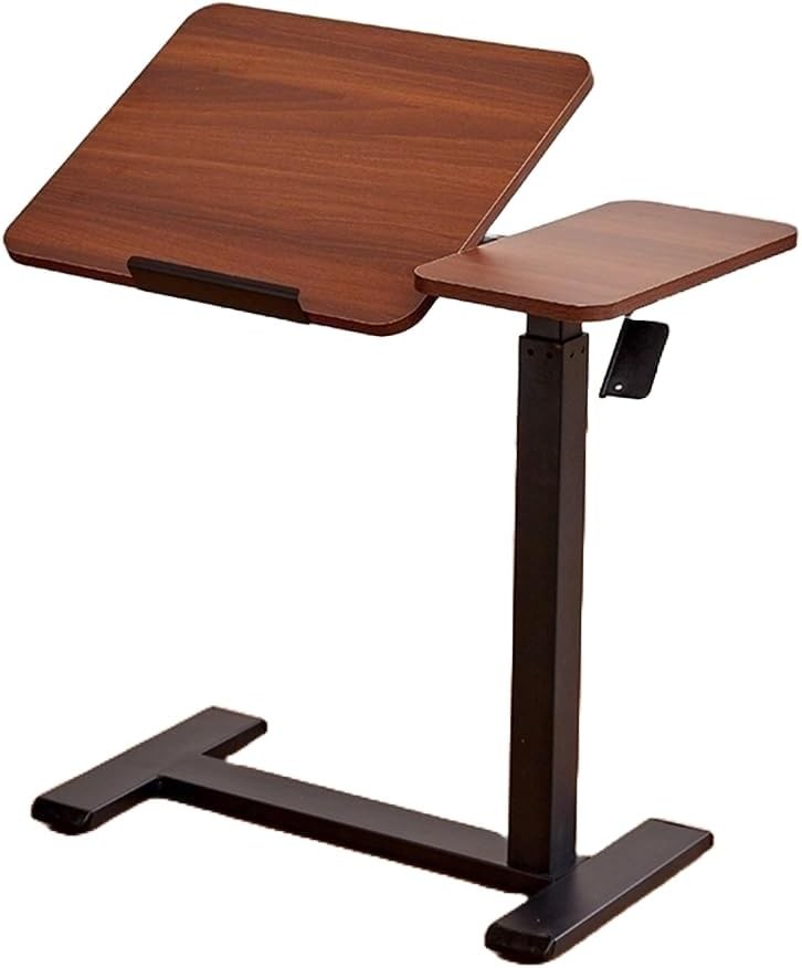 Height Adjustable Overbed Table Pneumatic Lift Split Top Laptop Desk Walnut