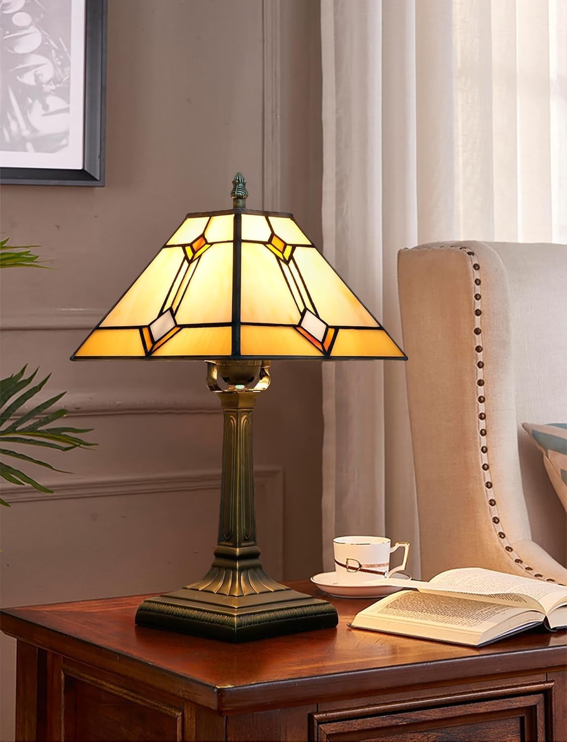 Stained Glass Tiffany Table Lamp Antique Square Bedside Desk Light