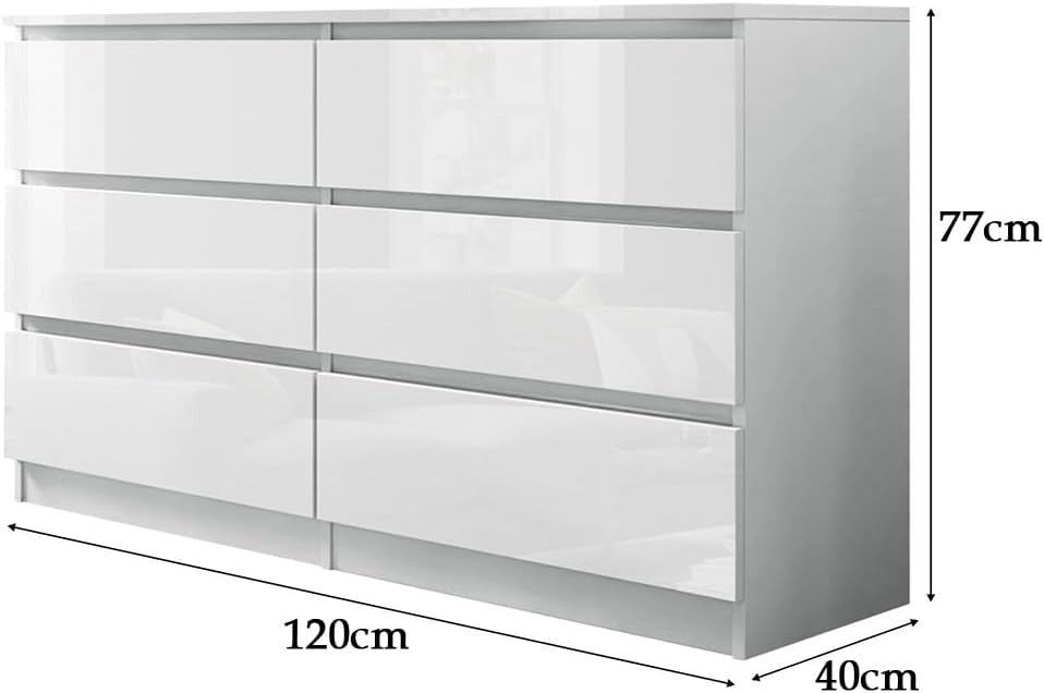White Gloss 6 Drawer Chest Modern Wide Storage Unit for Bedroom Office