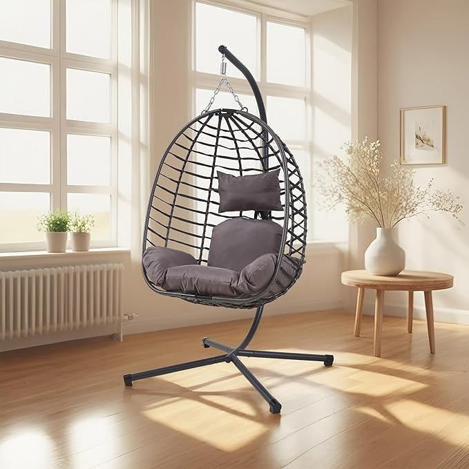 Hanging Egg Chair with Stand Outdoor Indoor Swing Seat Grey Rattan Cushion