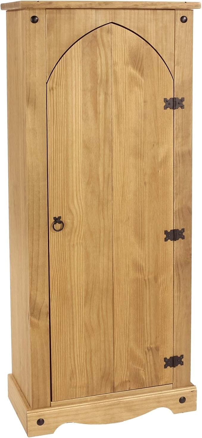 Tall Solid Pine Storage Cupboard with 1 Door & 3 Shelves, Rustic Wooden Cabinet
