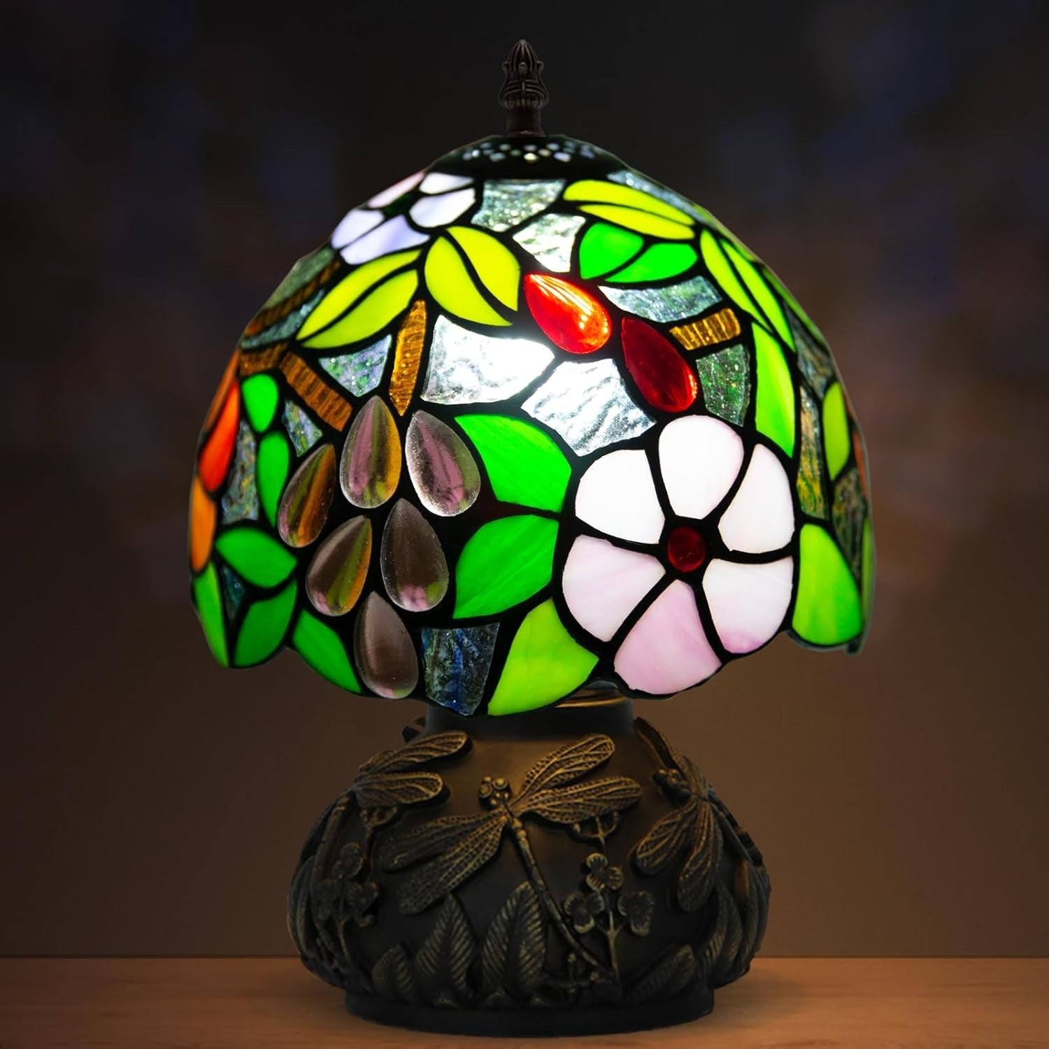 Stained Glass Desk Lamp 8x8x11in Grape Pattern 3 Color Temps Bedroom Light