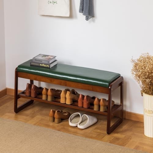 Modern Green Solid Wood Shoe Bench with Cushion & Hidden Storage 2-Tier