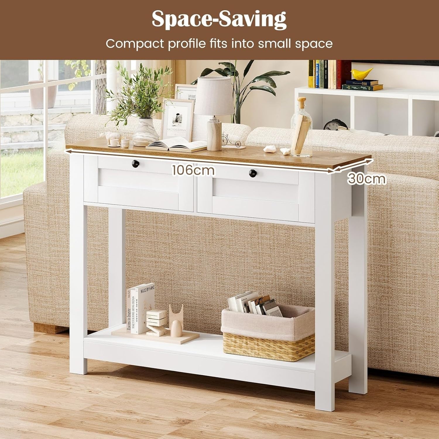 Slim Rustic Console Table 2 Drawers Open Shelf Hallway Storage 106x30x81cm