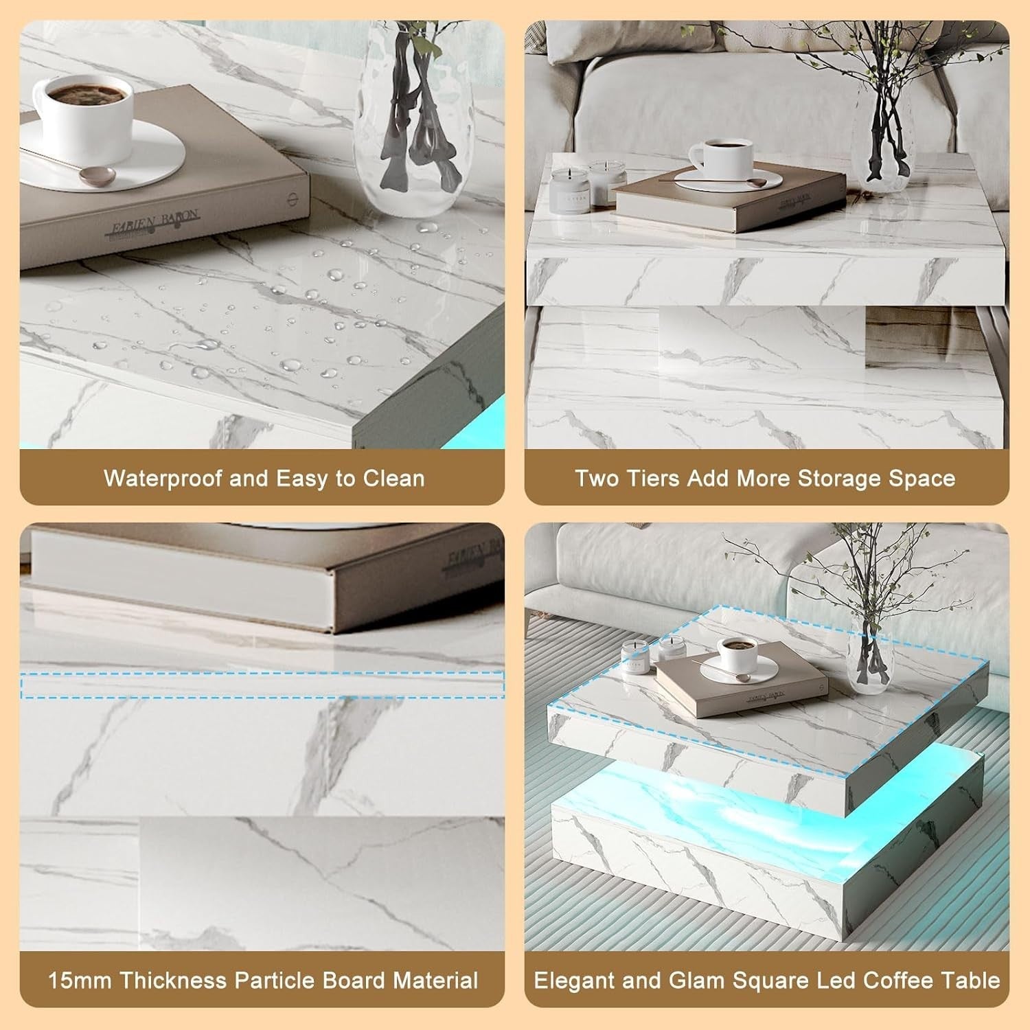 White Marble LED Coffee Table with Storage, 2-Tier Square 78x78cm