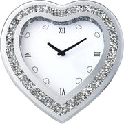 Heart-Shaped Mirror Wall Clock Diamond Border Silent Non-Ticking 12 Inch