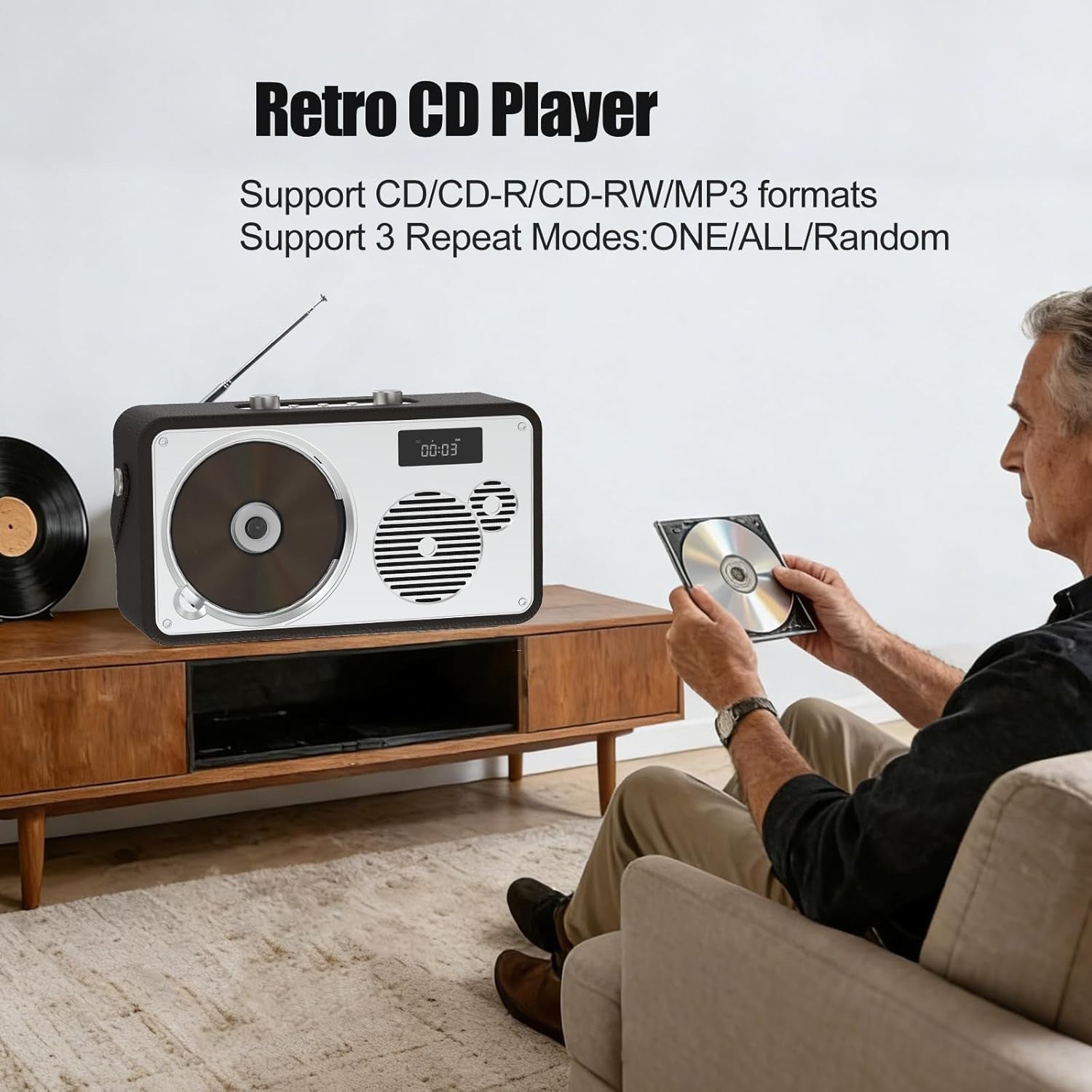 Retro Portable CD Player Bluetooth Boombox USB AUX Battery Remote LP103