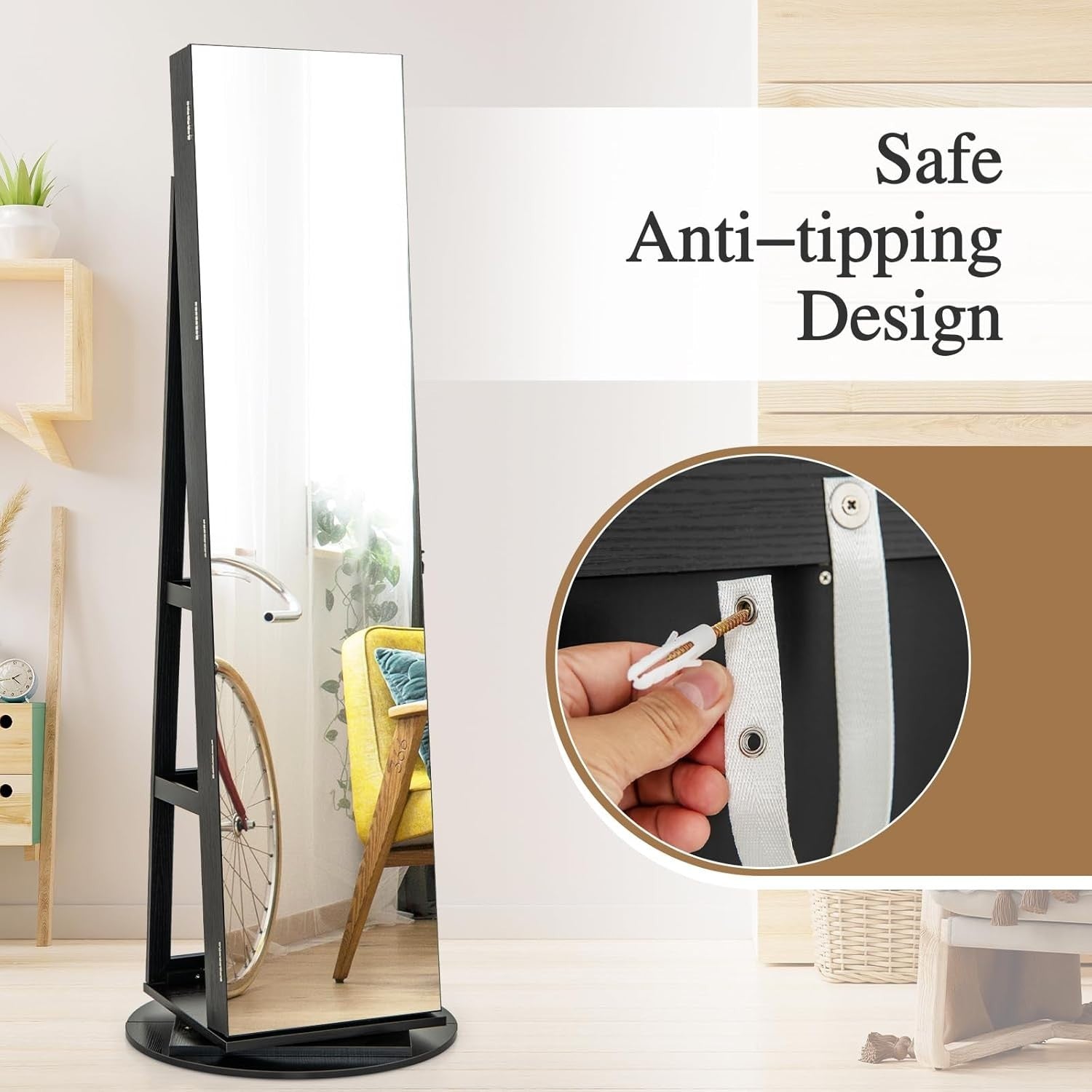 Black Rotating Jewelry Organizer LED Full Mirror Lockable Storage Unit