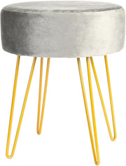 Grey Velvet Round Footstool with Gold Legs – Modern Dressing Table Pouffe