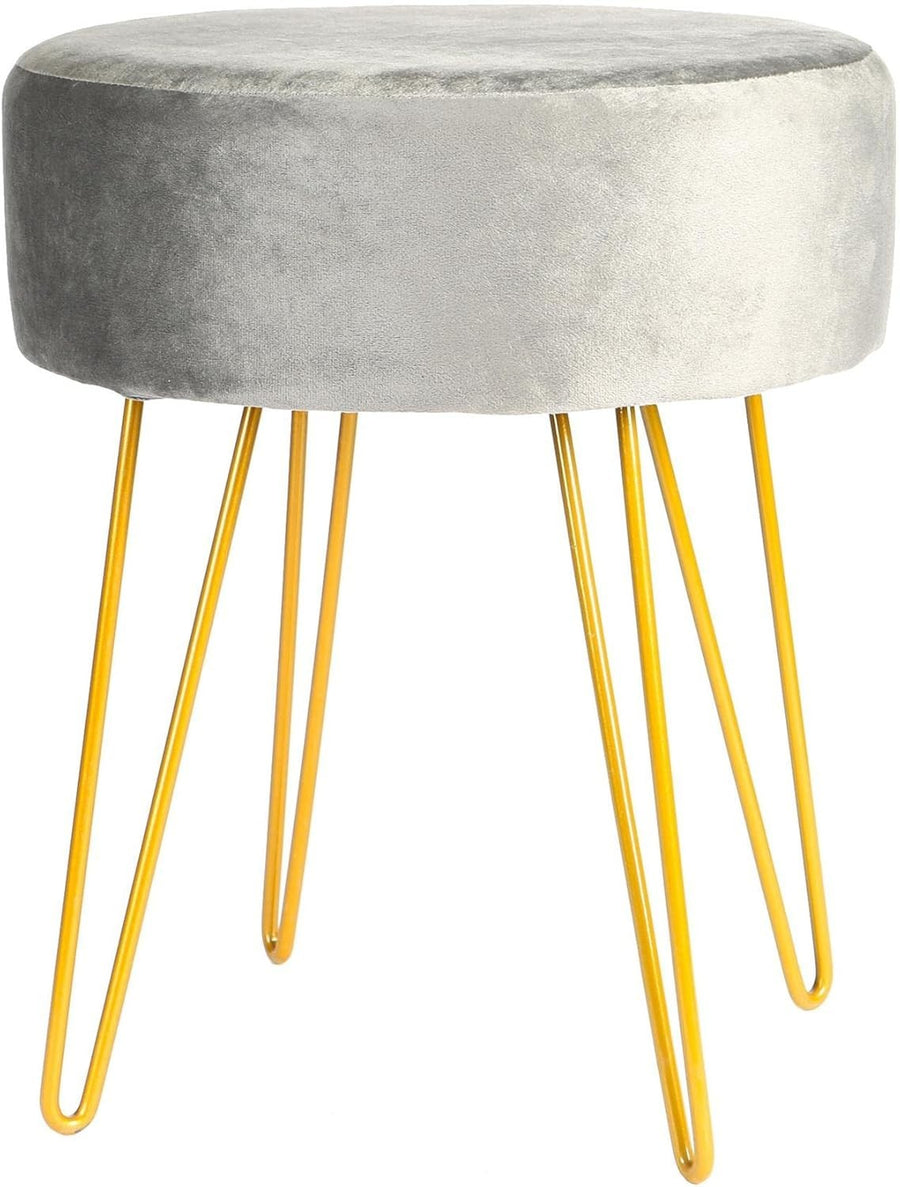 Grey Velvet Round Footstool with Gold Legs – Modern Dressing Table Pouffe